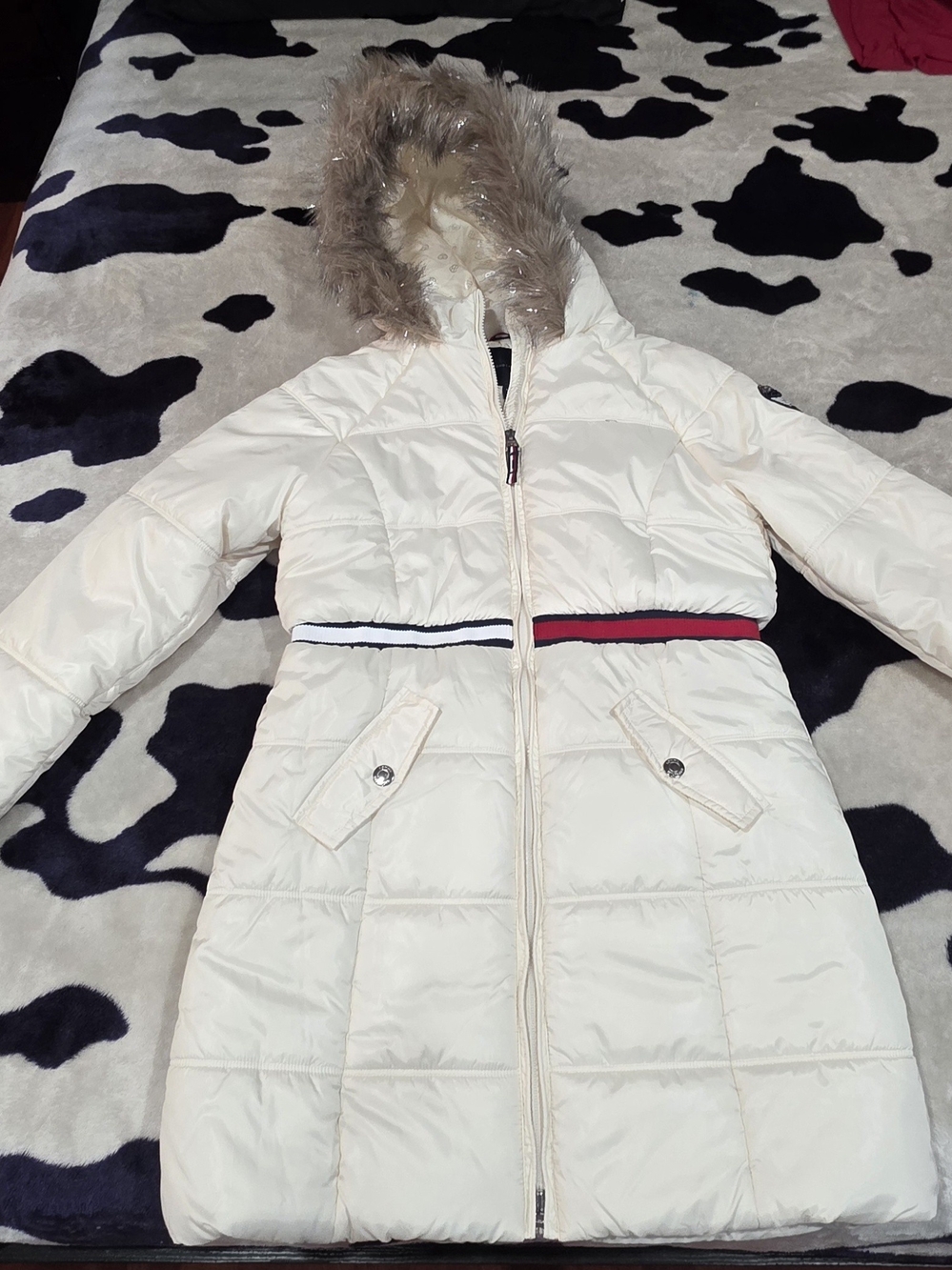 Tommy Hilfiger Cream Hooded Quilted Puffer with Faux-Fur Trim